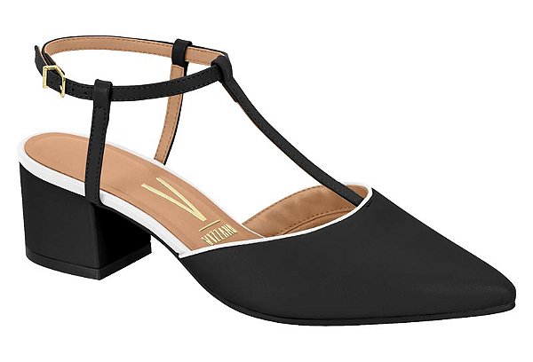 Scarpin Vizzano Tira Com Fivela Salto Bloco Bico Fino Preto/Branco