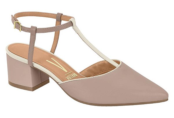 Scarpin Vizzano Tira Com Fivela Salto Bloco Bico Fino Taupe