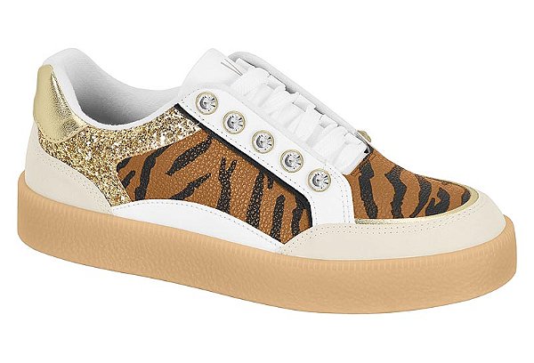 Tenis Vizzano Com Cristais Glitter Cadarço Solado Antiderrapante Estampa de Onça Camel/Preto