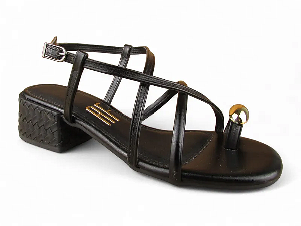 Sandalia Salto Bloco Anna Flor Tiras Dedo Com Adorno Preto