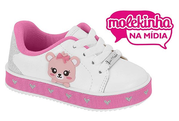 Tenis Infantil Molekinha Com Cadarço Desenho De Ursinha Branco