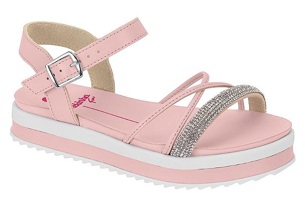 Sandalia Flat Molekinha Com Tiras E Strass Rosa/Cristal
