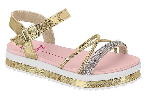 Sandalia Flat Molekinha Com Tiras E Strass Dourado/Cristal