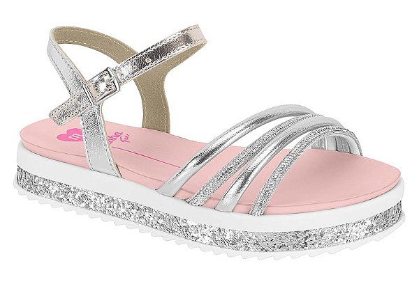Sandalia Flat Molekinha Com Tiras E Glitter Prata/Branco