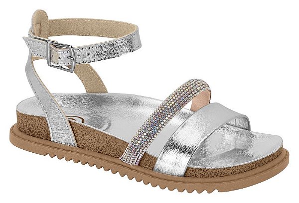 Papete Molekinha Metalizada Com Fivela Tira Com Strass Prata/Aurora