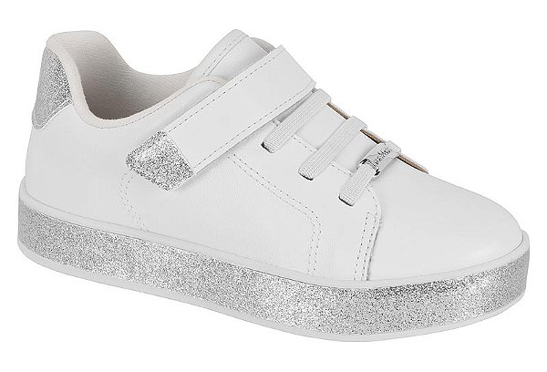 Tenis Infantil Casual Molekinha Com Velcro E Glitter Branco/Prata