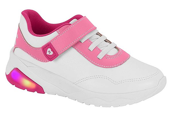 Tenis Infantil Molekinha Com Velcro Solado Com Led  Branco/Rosa
