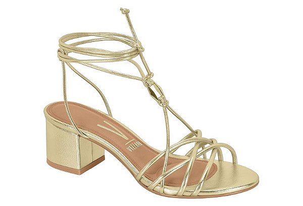 Sandalia Vizzano Salto Bloco Tiras Amarração Metalizada Dourado