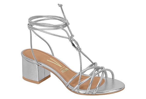 Sandalia Vizzano Salto Bloco Tiras Amarração Metalizada Prata