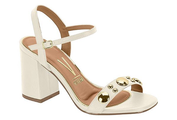 Sandália Vizzano Salto Bloco Tira Com Tachas Douradas Branco Off
