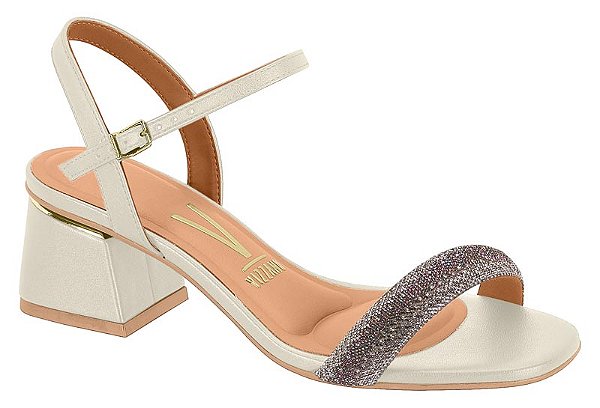 Sandalia Vizzano Salto Bloco Fivela Tira Com Strass Branco Off