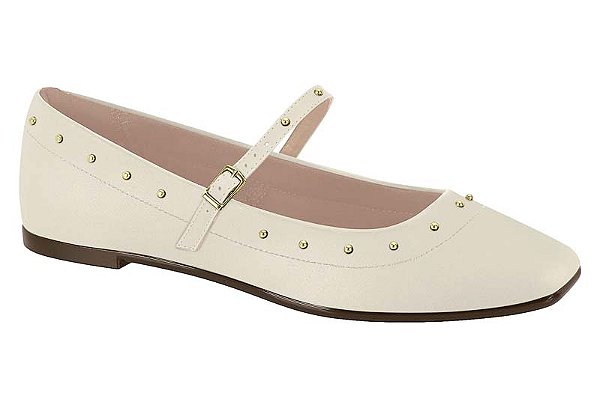 Sapatilha Moleca Boneca Com Fivela Bico Redondo Com Tachas Douradas Branco Off