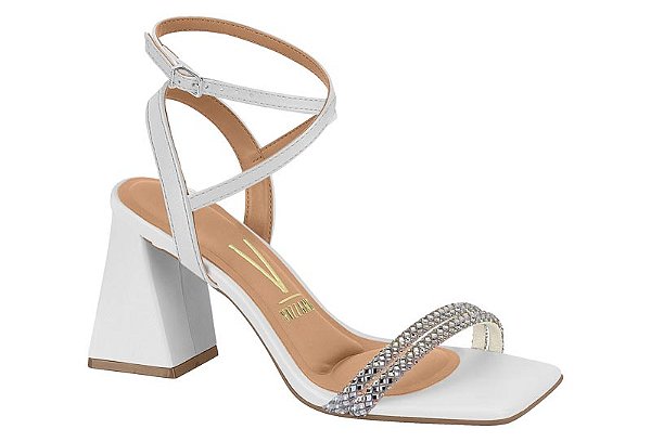 Sandalia Vizzano Salto Alto Geometrico Tira Com Fivela Strass Branco