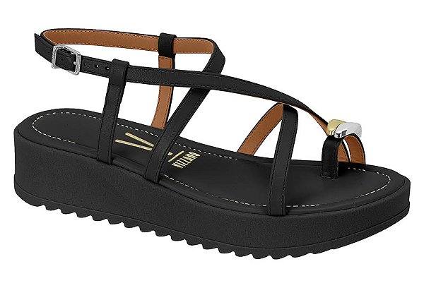 Papete Vizzano Flatform Com Tiras Fivela Detalhe Adornado Preto