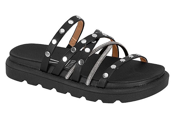 Papete Vizzano Tiras Com Tachas E Strass Calce Facil Preto/Preto