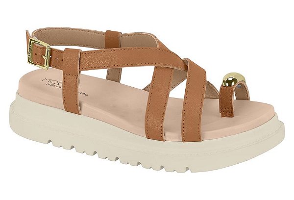 Sandalia Flat Modare Fivela Tiras Adorno Tratorada Camel