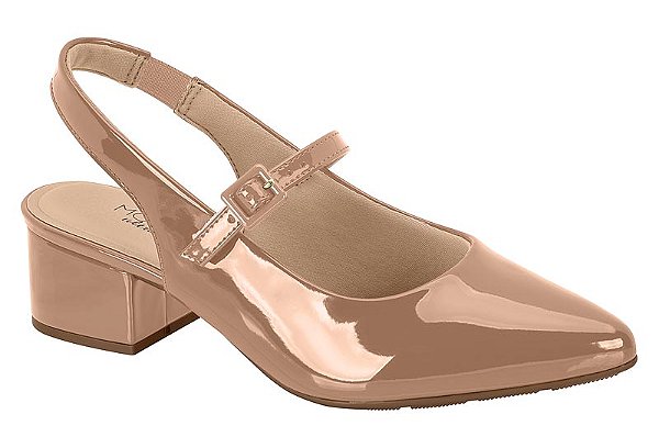 Sapato Modare Salto Bloco Verniz Bico Fino Com Fivela Nude