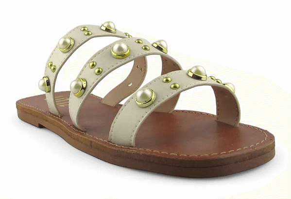 Rasteira Littz Calce Facil 3 Tiras Com Esfera Metalizada Off White