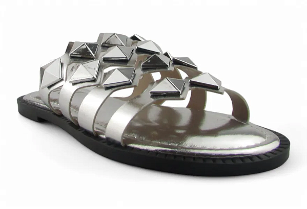 Rasteira Tiras Pirâmide Metalizada Littz Calce Fácil Prata