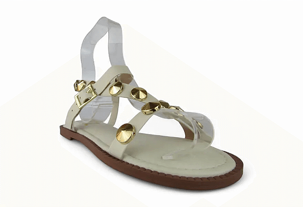 Sandalia Rasteira Littz Fivela Tira Com Tachas Douradas Off White