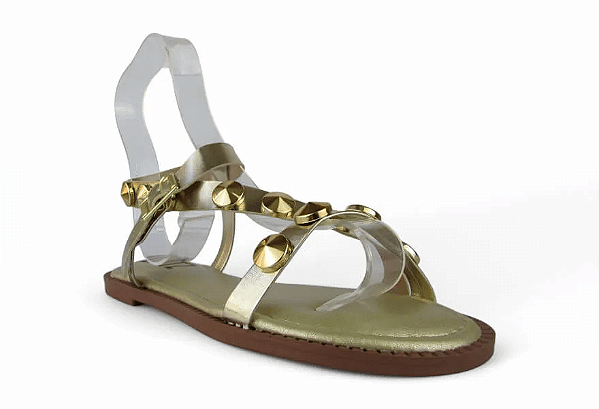 Sandalia Rasteira Littz Fivela Tira Com Tachas Douradas Ouro Light