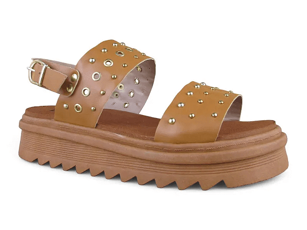 Sandalia Flat Littz Com Fivela 2 Tiras Detalhe Dourado Carvalho