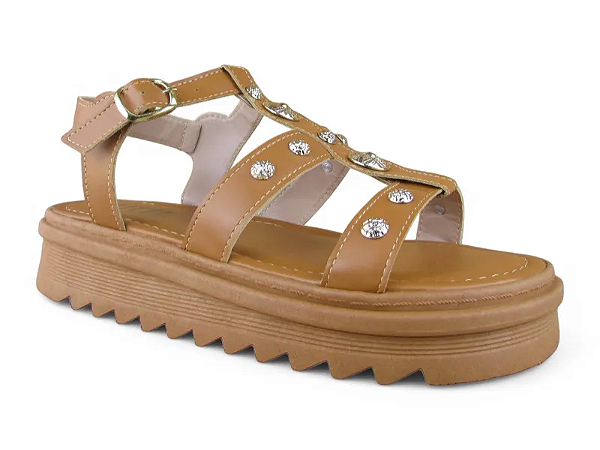 Sandalia Flat Littz Fivela Tiras Com Tachas Douradas Carvalho