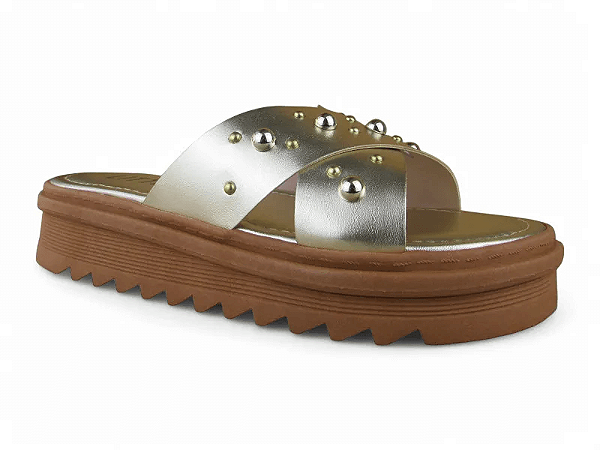 Tamanco Flat Littz Calce Facil Tiras Em X Com Tachas Ouro Light