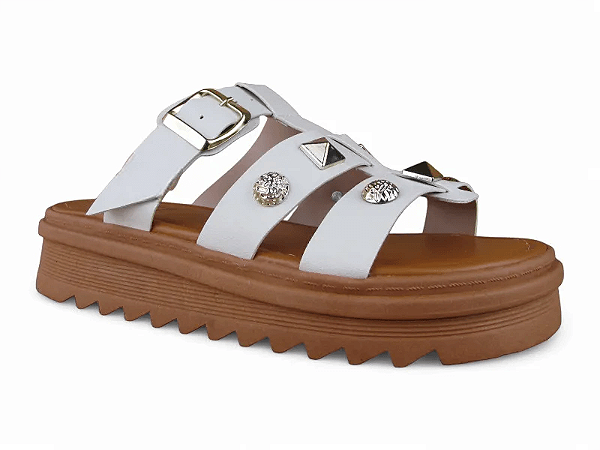 Tamanco Flat Littz Fivela Calce Facil Tira Com Tachas Off White