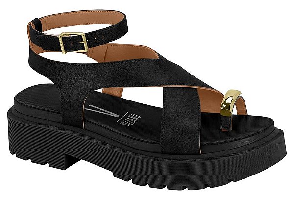 Sandalia Vizzano Flat Tratorada Com Detalhe Dourado Amarração Preto