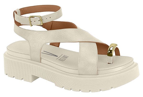 Sandalia Vizzano Flat Tratorada Com Detalhe Dourado Amarração Branco Off