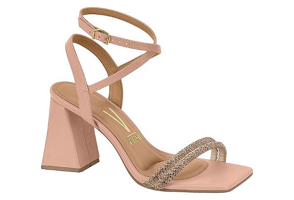Sandalia Vizzano Salto Alto Geometrico Tira Com Fivela Strass Ouro Rosado