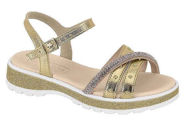 Sandalia Molekinha Infantil Metalizada Dourado/Cristal