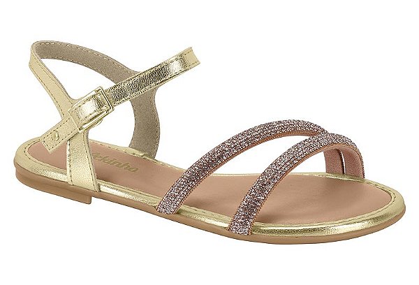 Sandalia Rasteira Infantil Molekinha Com Tiras De Strass Dourado