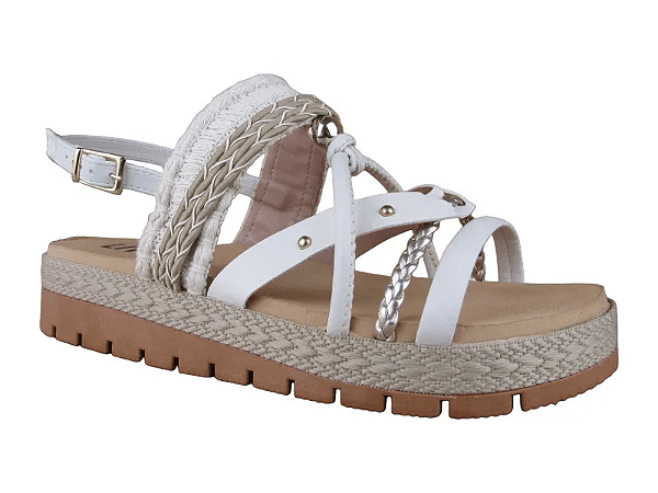 Sandalia Flat Littz Fivela Tiras Com Trança Tachas Douradas Off White