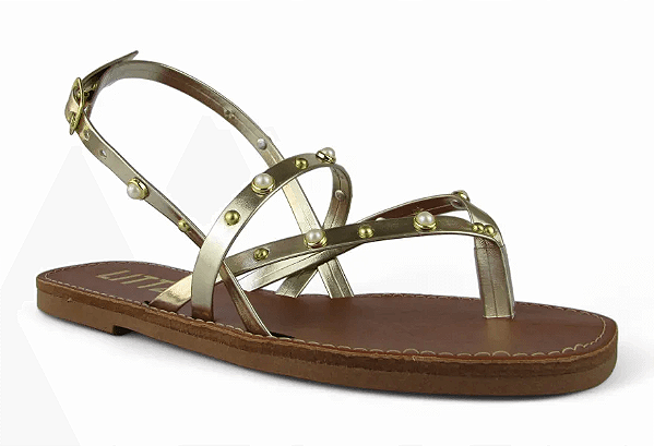 Rasteira Littz Fivela Metalizada Tira Com Tachas Ouro Light