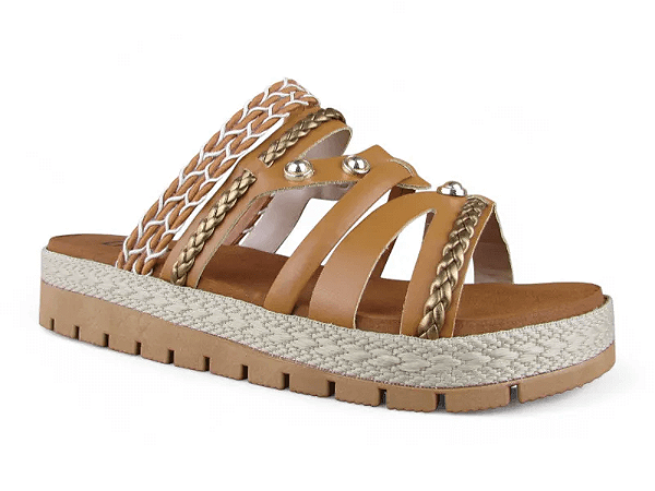 Tamanco Flat Littz Calce Facil Tiras Trançadas Metalizada Tachas Douradas Carvalho