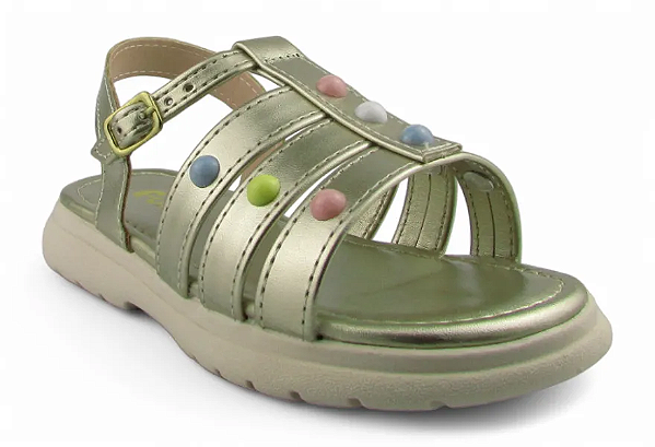 Sandalia Fuffy Infantil Metalizada Com Esferas Coloridas Ouro Light