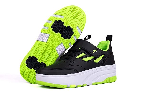 Tênis Infantil Anninha Tira Com Velcro Com Rodinhas Skate Preto/Verde Limao