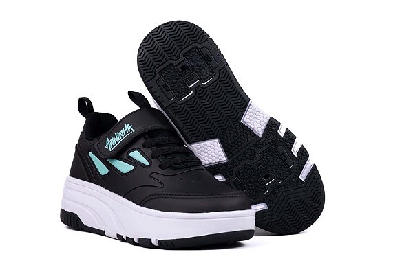 Tênis Infantil Anninha Tira Com Velcro Com Rodinhas Skate Preto/Verde-Agua