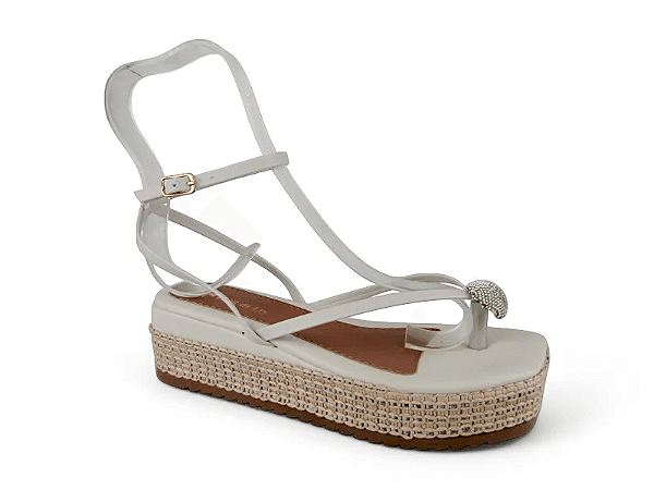 Sandalia Flat Flor De Lis Tira Com Fivela Com Adorno Com Strass Off White
