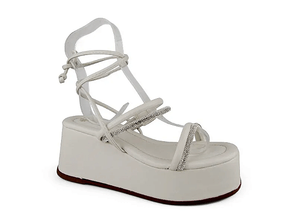 Sandalia Flor De Lis Salto Anabella Amarração Tira Com Strass Off White