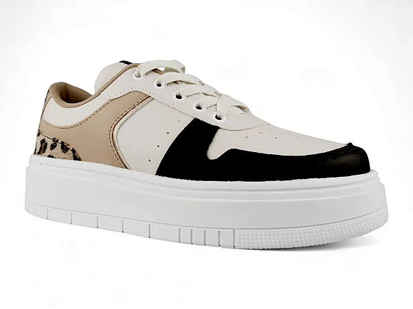 Tenis Energy Solado Alto Estampa Onça Com Cadarço Preto/Off/Onca