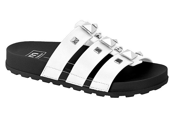 Sandalia Papete Moleca 3 Tiras Com Spike Piramide Branco/Preto