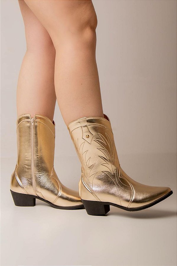 Bota Western Texana Salto Bloco Com Ziper Metalizada Dourado