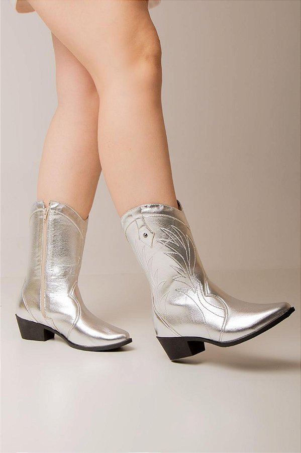 Bota Western Texana Salto Bloco Com Ziper Metalizada Oferta Prata