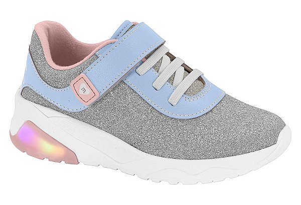 Tenis Infantil Molekinha Com Velcro Solado Com Led  Prata/Jeans