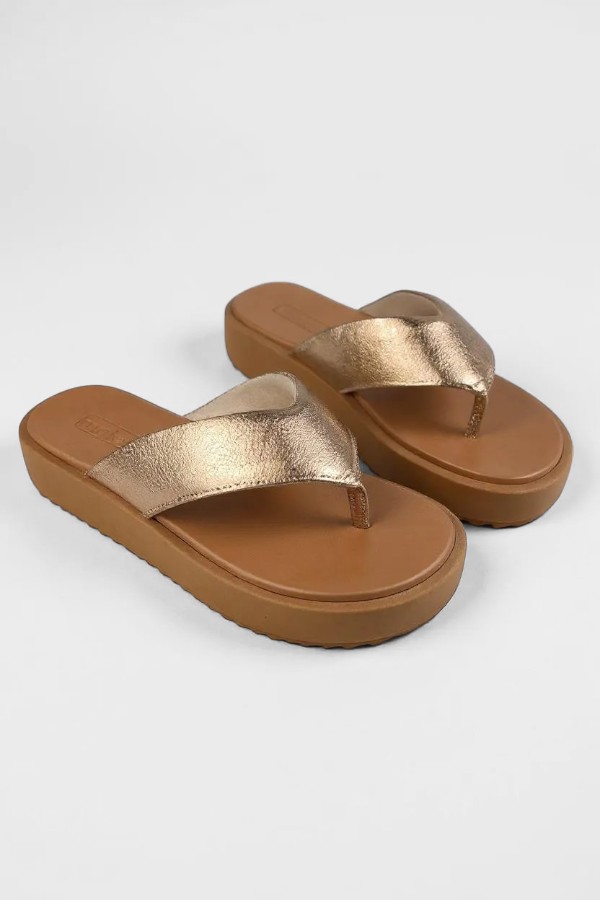 Tamanco Moleca FlatForm Chinelo Solado Alto Calce Facil Ouro Rosado