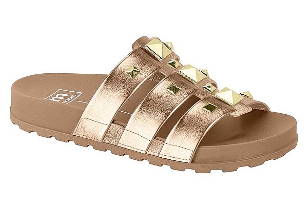 Sandalia Papete Moleca 3 Tiras Com Spike Piramide Ouro Rosado/Nude