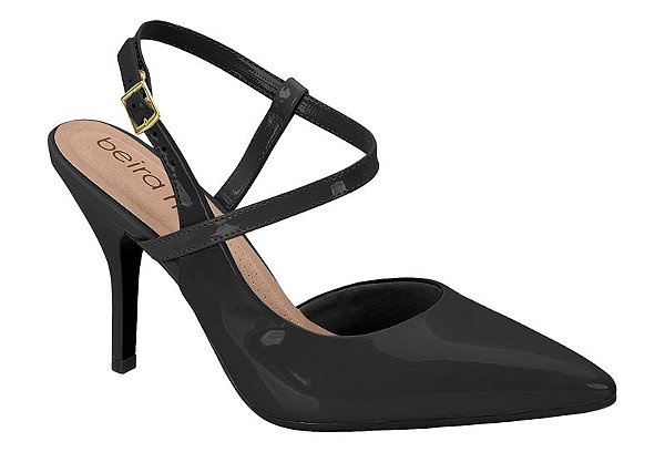 Scarpin Beira Rio Com Verniz  Salto Fino Tiras Com Fivela  Preto